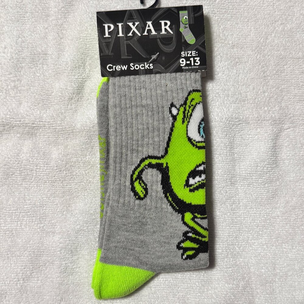 Disney Pixar Crew Socks Monsters Inc Mike Size 9 - 13 Gray and Green Monster